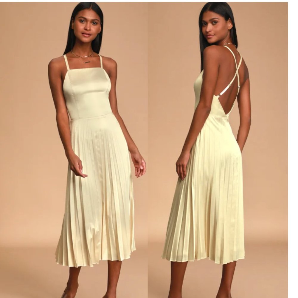 Lulu's Give us a twirl Champagne Satin Midi Dress